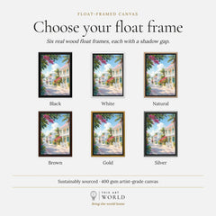 Key West pastel conch houses watercolour art print, float frame colour options for the framed canvas