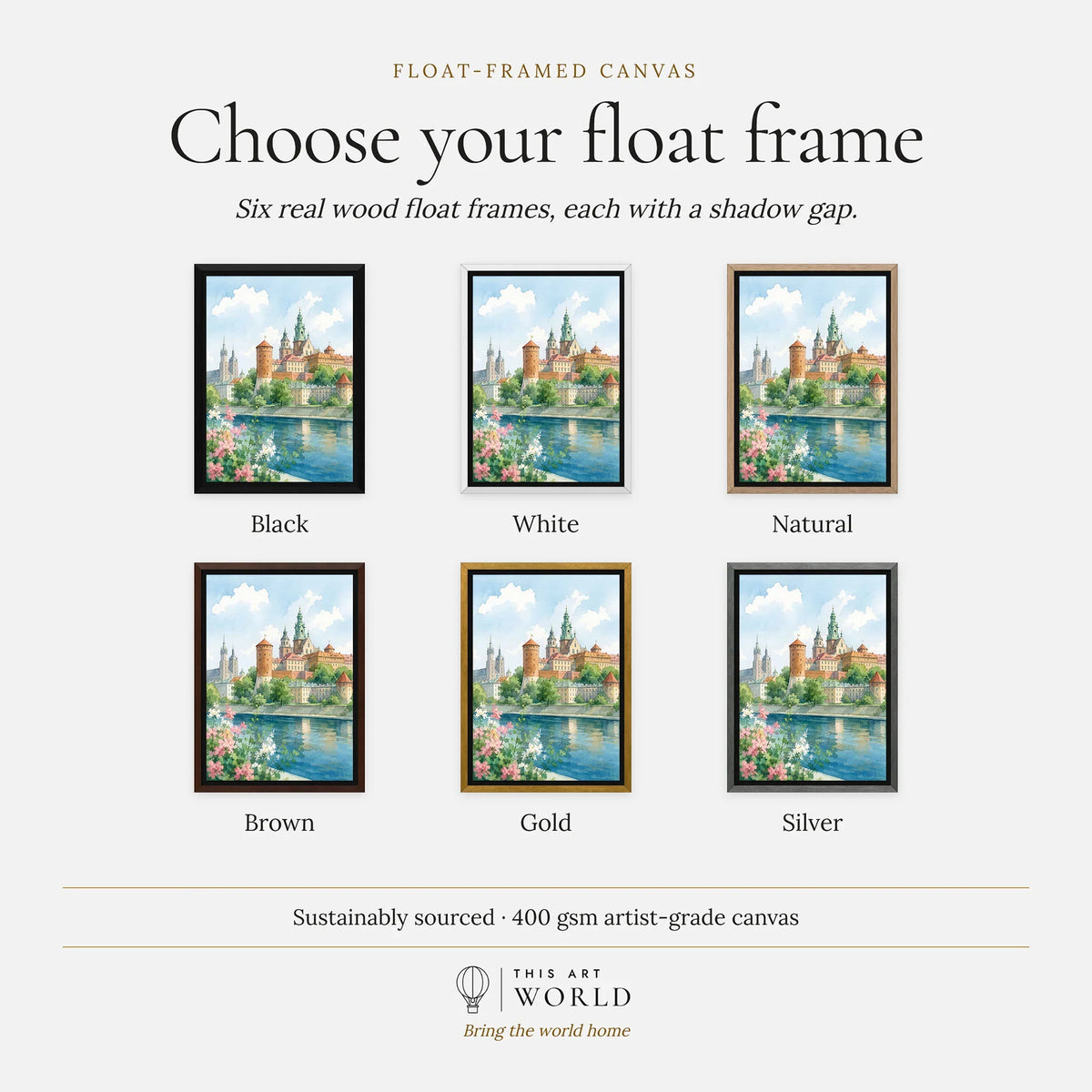 Kraków Wawel Castle on the Vistula watercolour art print, float frame colour options for the framed canvas