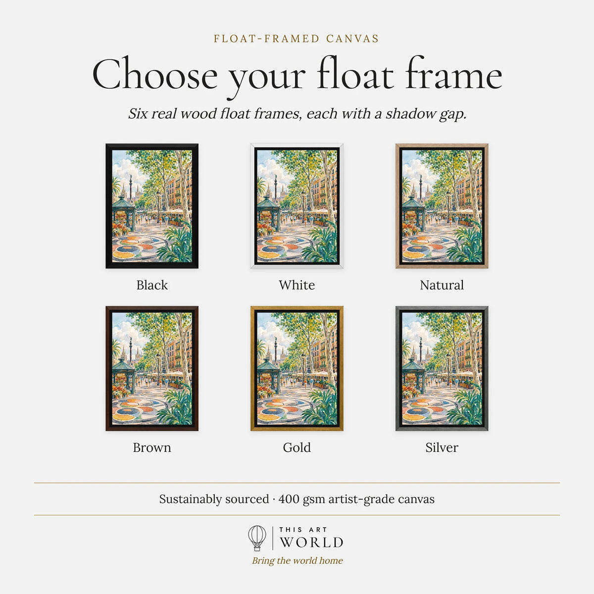 La Rambla Barcelona promenade and mosaic watercolour art print, float frame colour options for the framed canvas