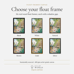 La Rambla Barcelona promenade and mosaic watercolour art print, float frame colour options for the framed canvas
