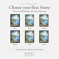 Lake Como lakeside villa and mountains watercolour art print, float frame colour options for the framed canvas