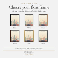 Las Vegas city skyline art print, float frame colour options for the framed canvas