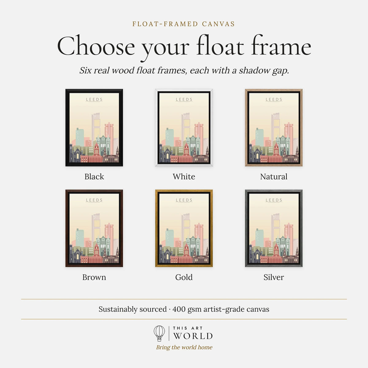 Leeds city skyline art print, float frame colour options for the framed canvas