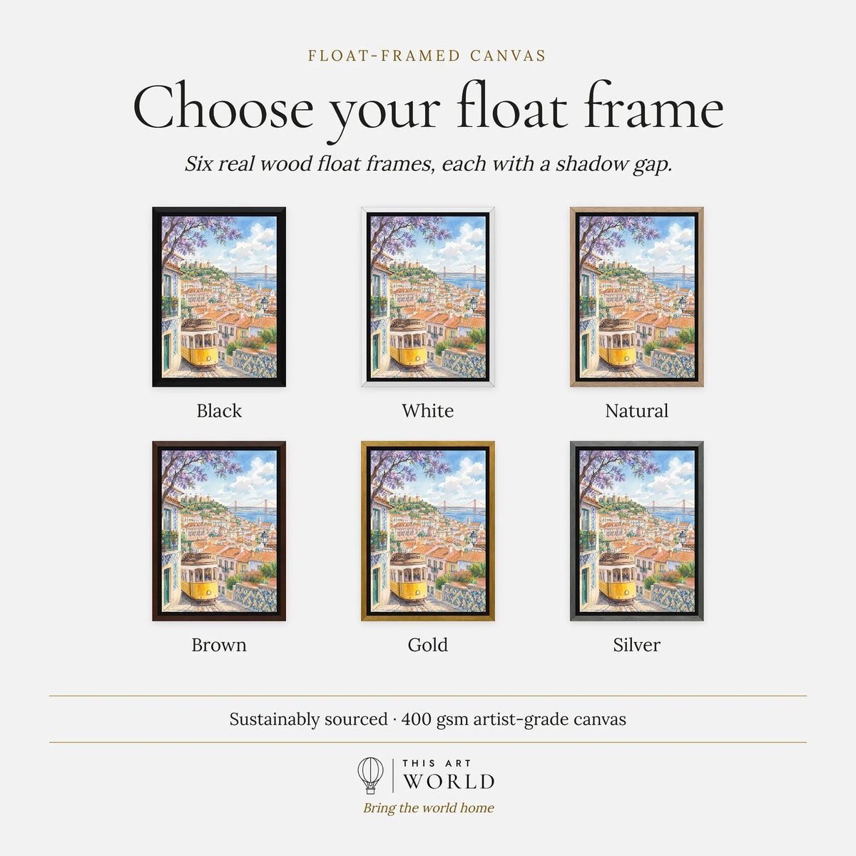 Lisbon yellow tram and castle watercolour art print, float frame colour options for the framed canvas