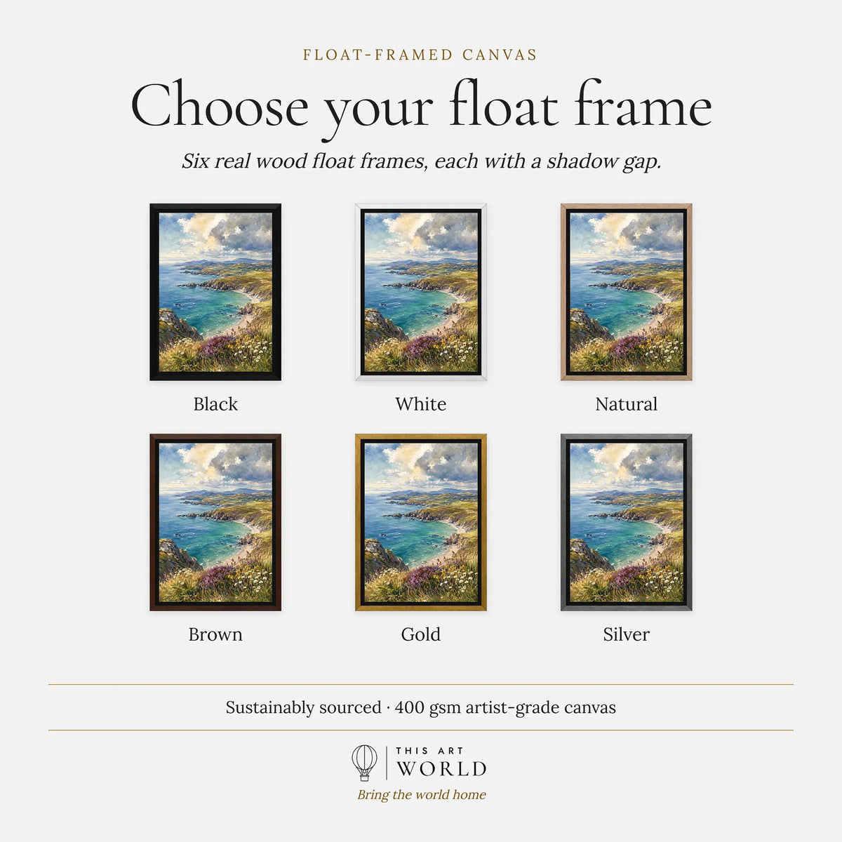 Llyn Peninsula sandy cove and coastline watercolour art print, float frame colour options for the framed canvas