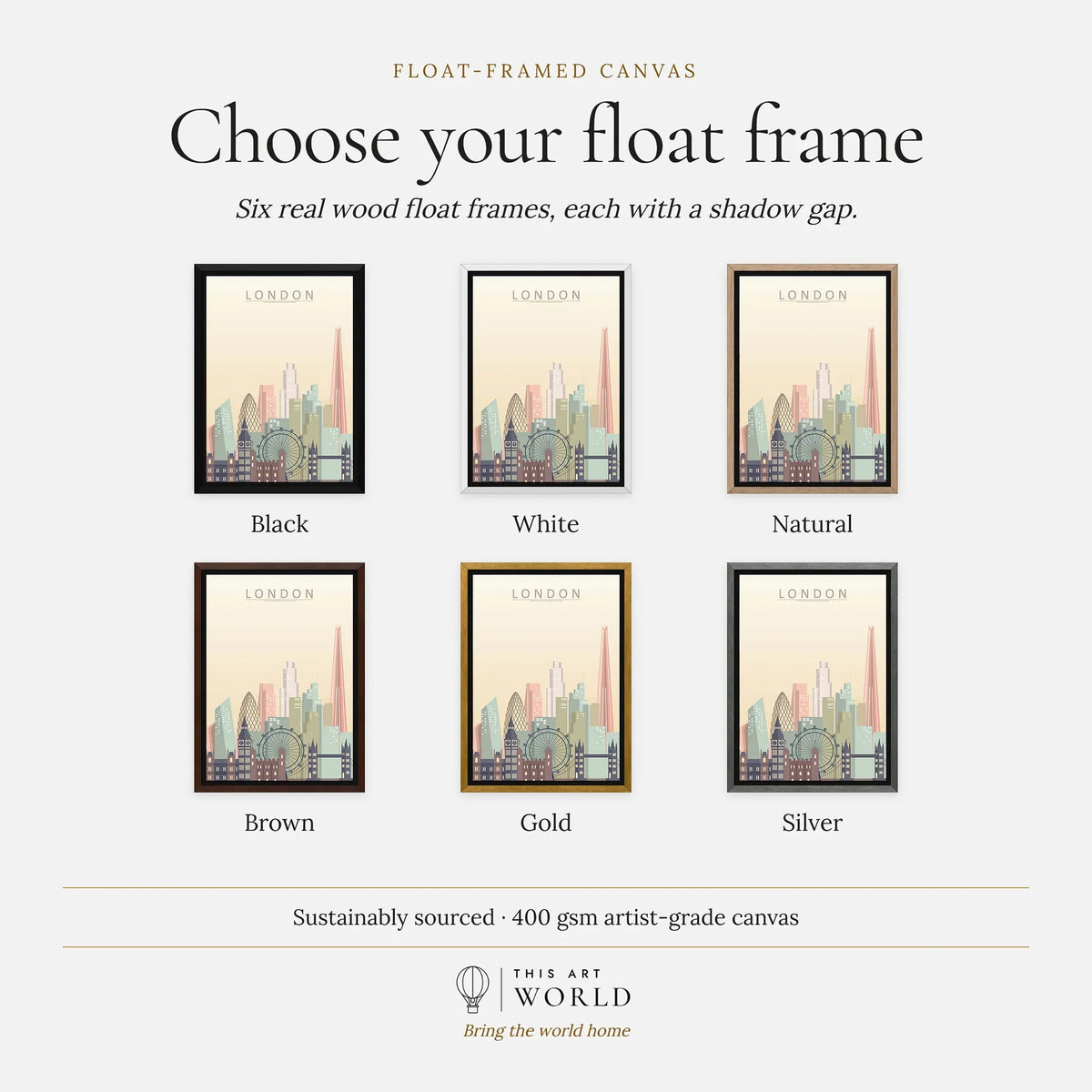 London city skyline art print, float frame colour options for the framed canvas