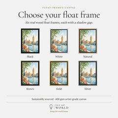 London Big Ben and Houses of Parliament watercolour art print, float frame colour options for the framed canvas