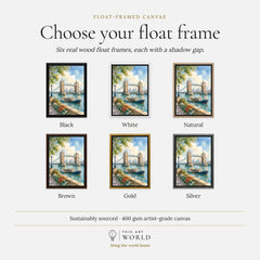 London Tower Bridge on the Thames watercolour art print, float frame colour options for the framed canvas