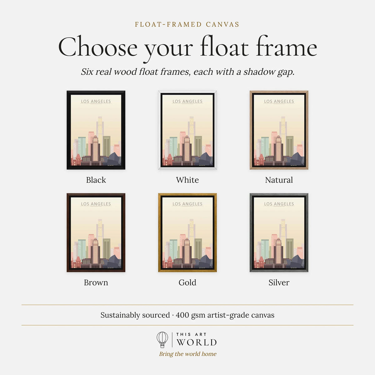 Los Angeles city skyline art print, float frame colour options for the framed canvas
