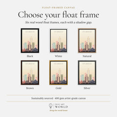 Los Angeles city skyline art print, float frame colour options for the framed canvas