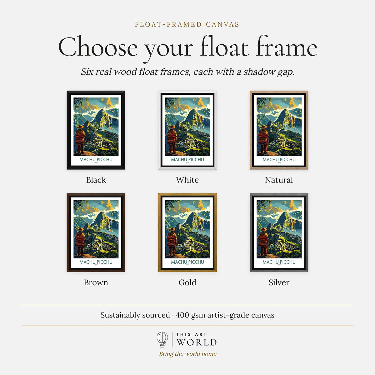 Machu Picchu Travel Poster - framed canvas float frame colour options