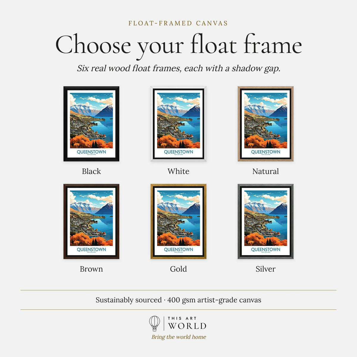 Queenstown New Zealand Lake Wakatipu in autumn modern travel poster, float frame colour options for the framed canvas