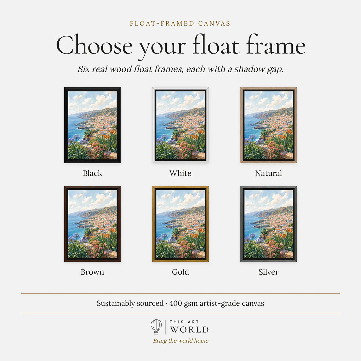 Madeira Funchal bay and coast watercolour art print, float frame colour options for the framed canvas