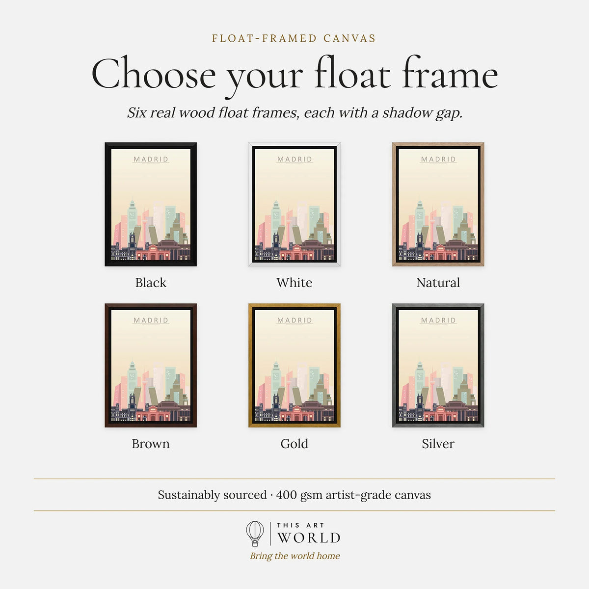 Madrid city skyline art print, float frame colour options for the framed canvas