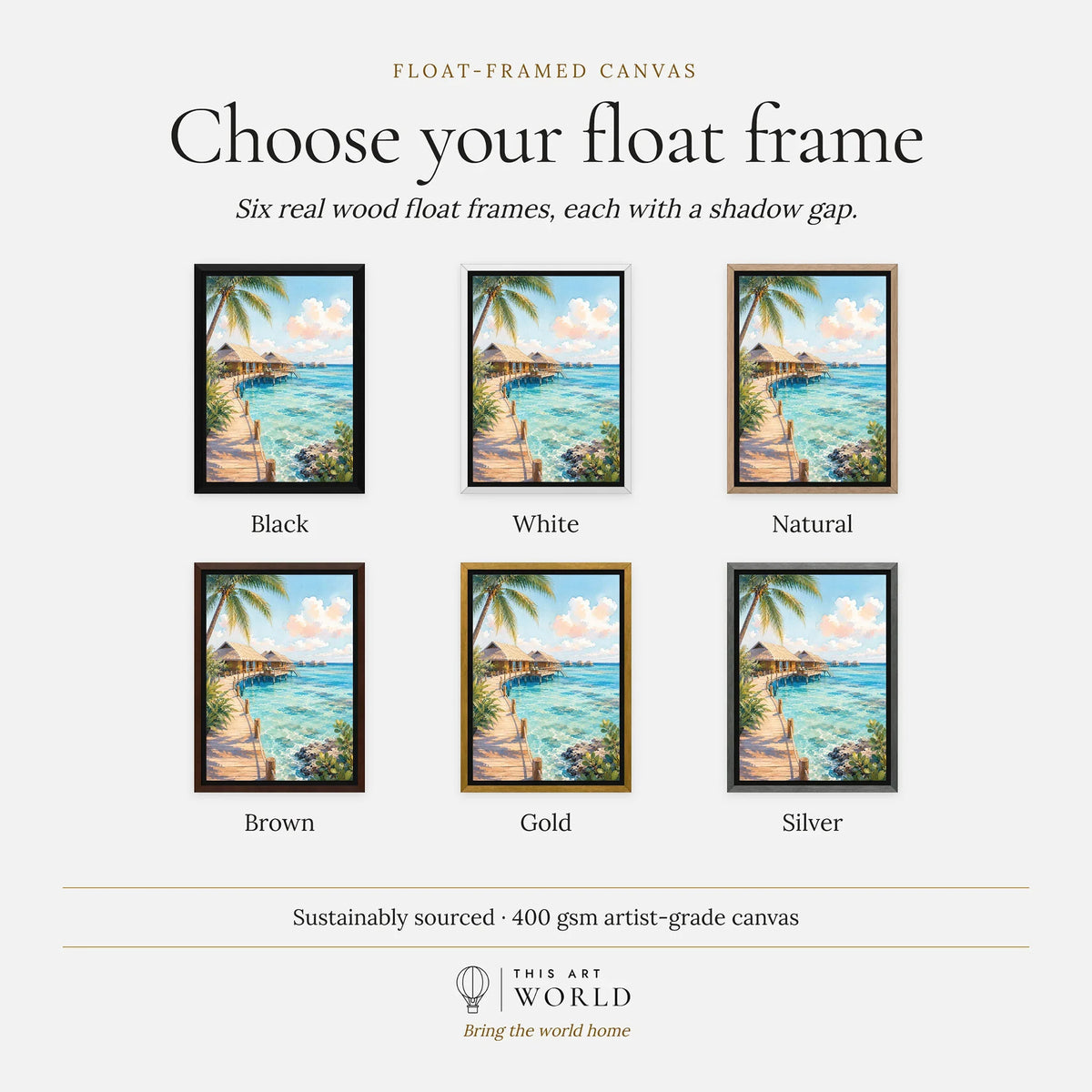 Maldives overwater villas and lagoon watercolour art print, float frame colour options for the framed canvas