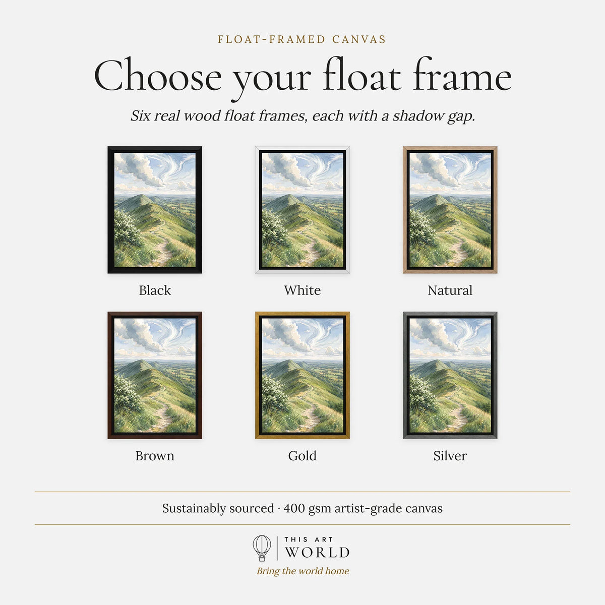 Malvern Hills ridge path watercolour art print, float frame colour options for the framed canvas