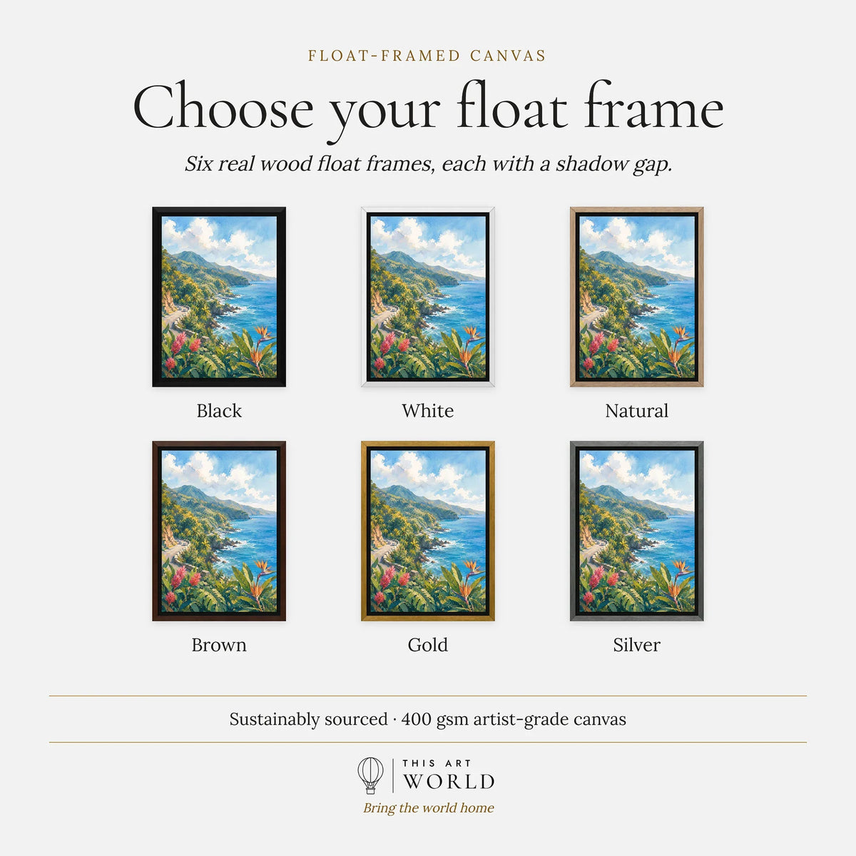 Maui Road to Hana coastline watercolour art print, float frame colour options for the framed canvas