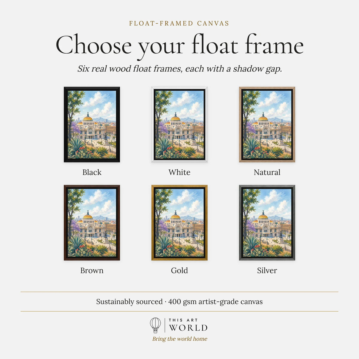 Mexico City Palacio de Bellas Artes watercolour art print, float frame colour options for the framed canvas