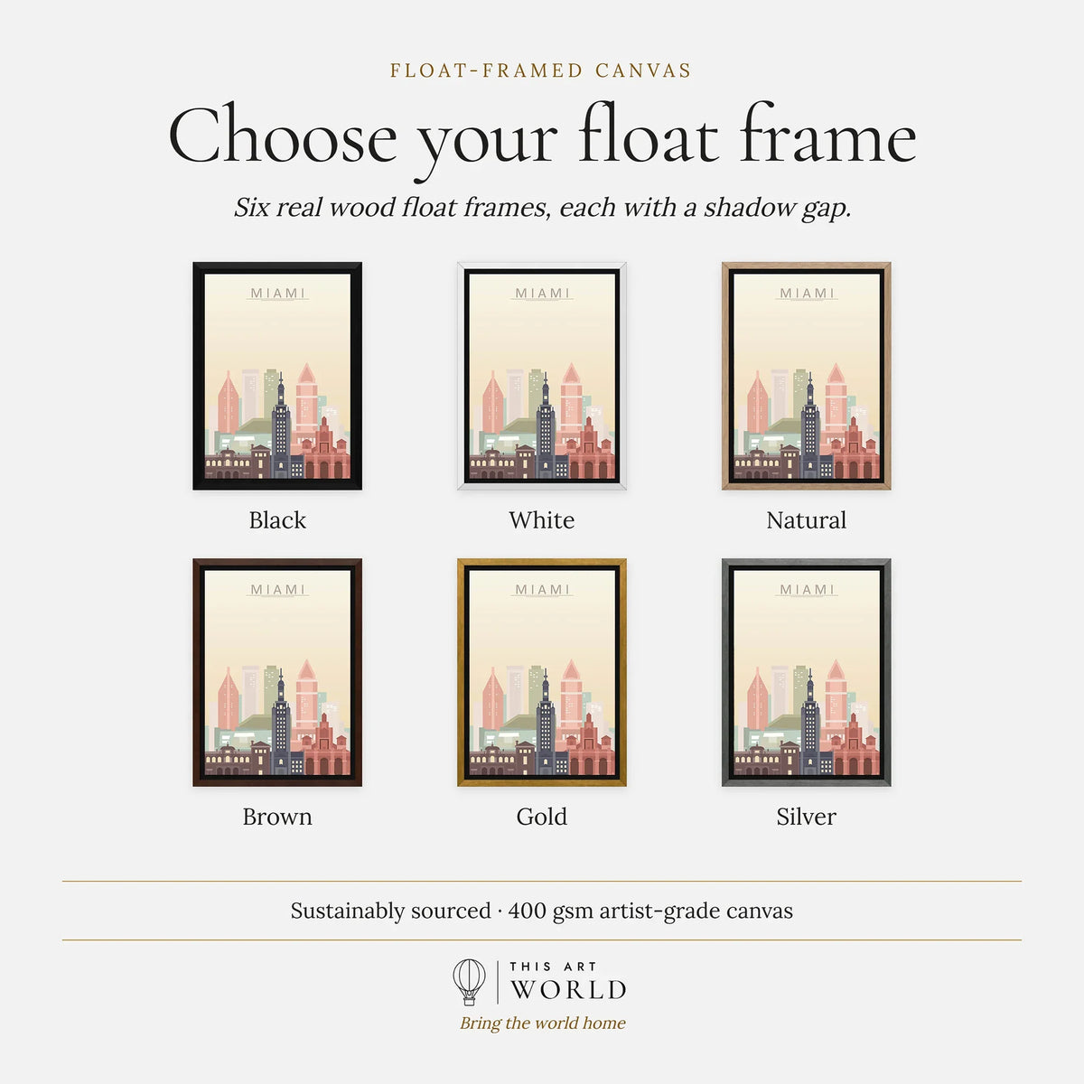 Miami city skyline art print, float frame colour options for the framed canvas