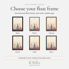 Miami city skyline art print, float frame colour options for the framed canvas