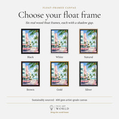 Miami Art Deco Ocean Drive and classic car watercolour art print, float frame colour options for the framed canvas