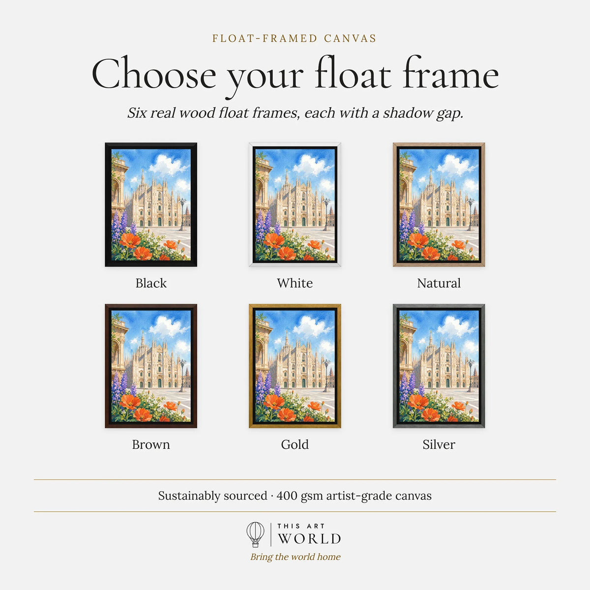 Milan Duomo di Milano watercolour art print, float frame colour options for the framed canvas