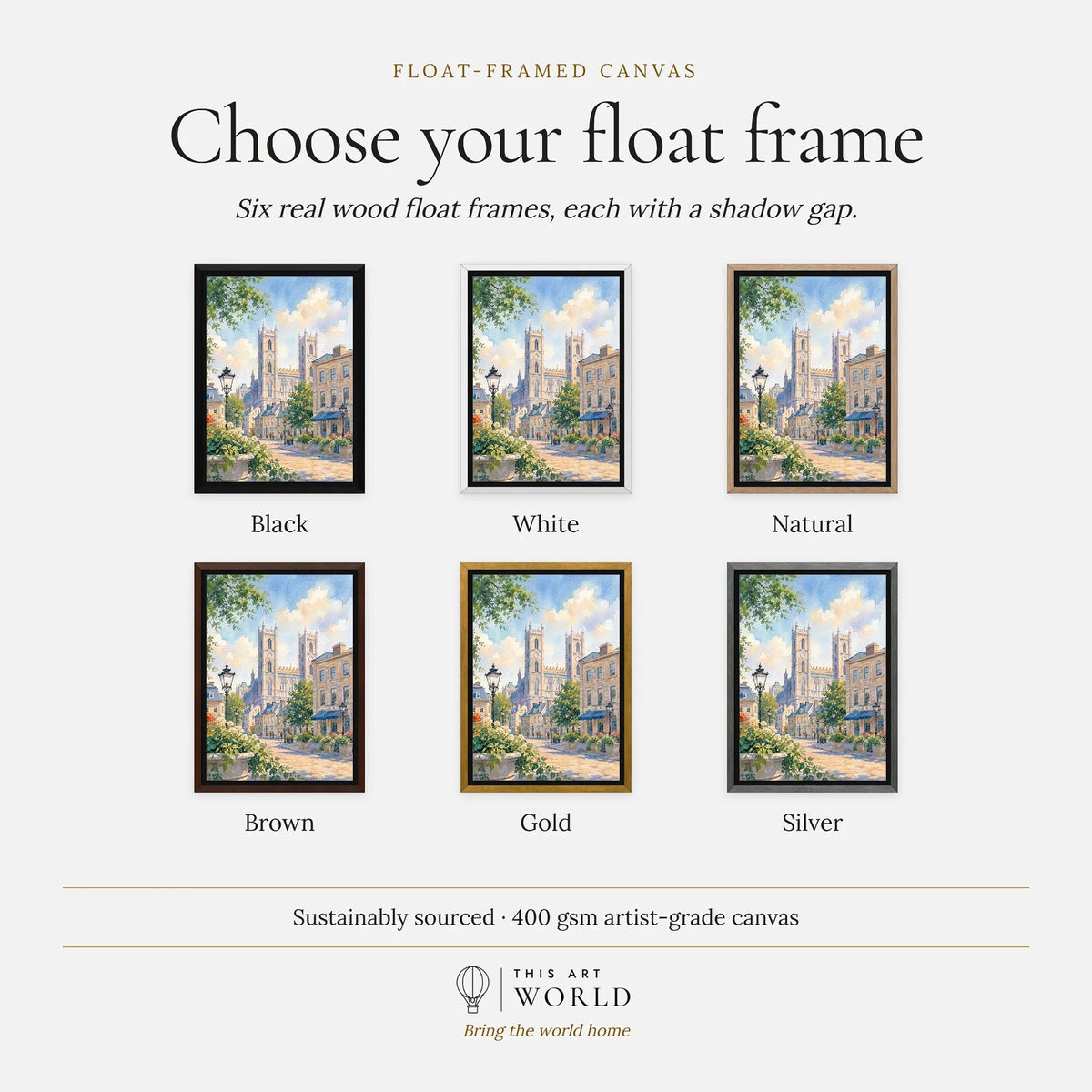 Montreal Notre-Dame Basilica in Old Montreal watercolour art print, float frame colour options for the framed canvas