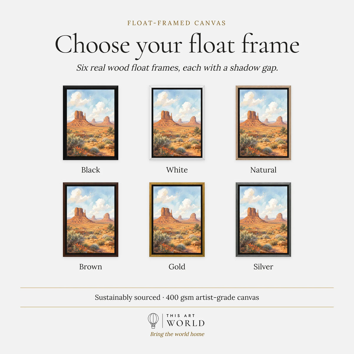 Monument Valley the Mittens buttes watercolour art print, float frame colour options for the framed canvas
