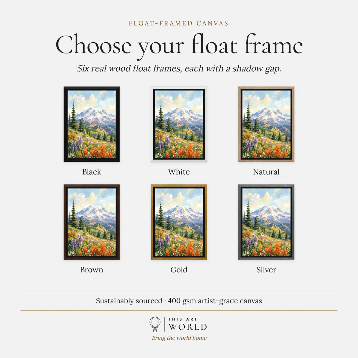 Mount Rainier National Park wildflower meadows watercolour art print, float frame colour options for the framed canvas