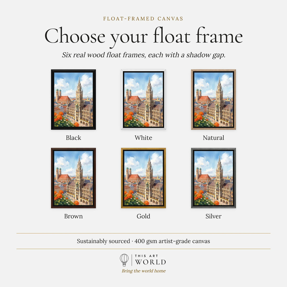 Munich New Town Hall and Frauenkirche watercolour art print, float frame colour options for the framed canvas