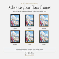 Mykonos windmills and white houses watercolour art print, float frame colour options for the framed canvas