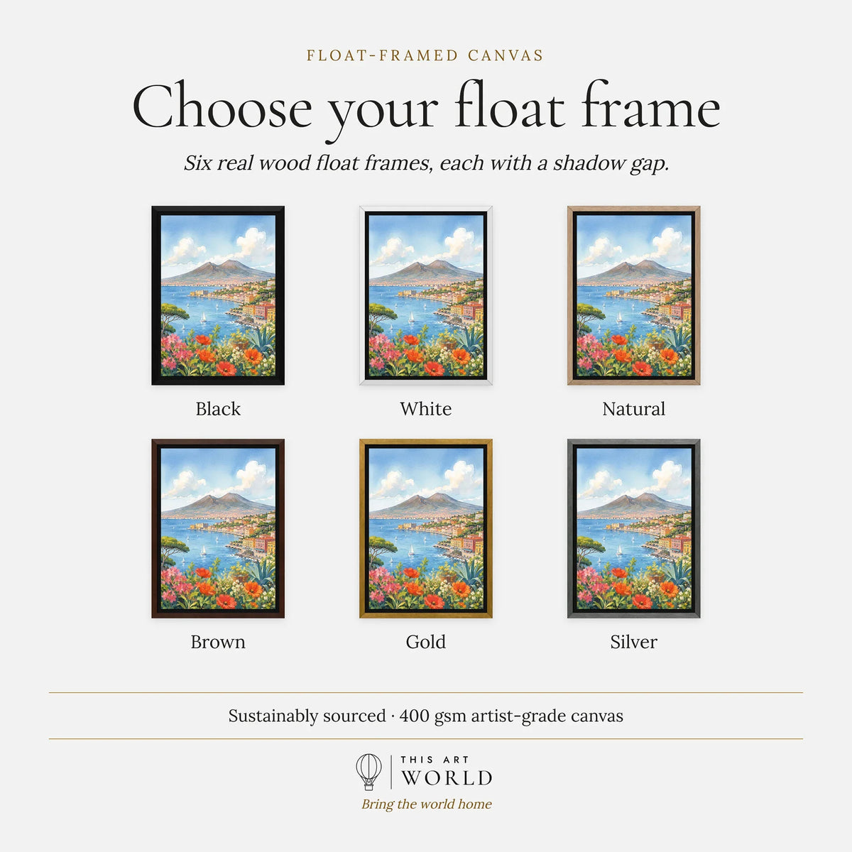 Naples Bay of Naples and Vesuvius watercolour art print, float frame colour options for the framed canvas