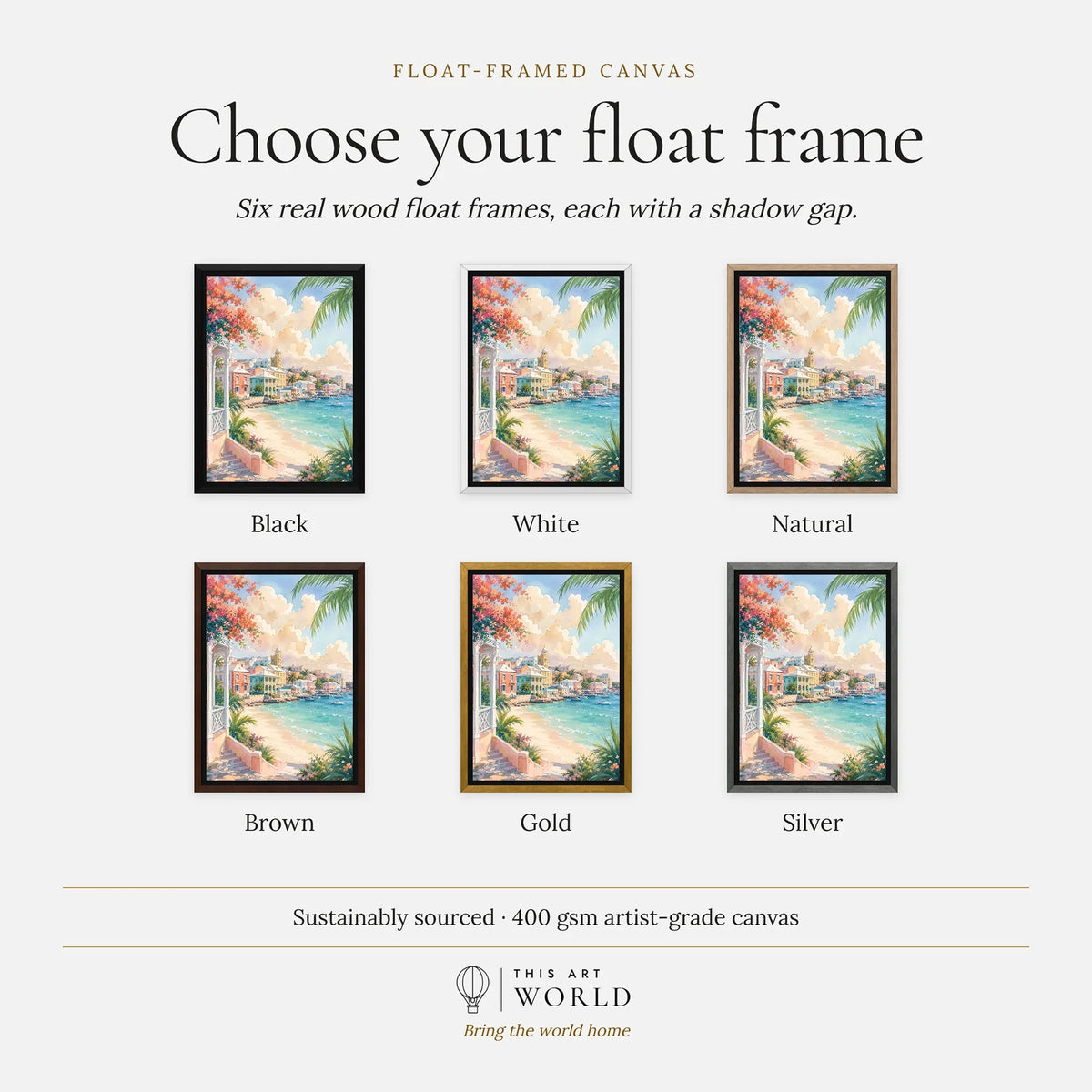 Nassau pastel waterfront and beach watercolour art print, float frame colour options for the framed canvas