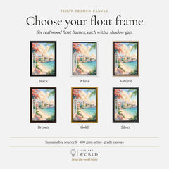Nassau pastel waterfront and beach watercolour art print, float frame colour options for the framed canvas