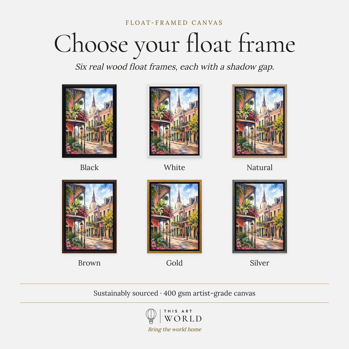 New Orleans French Quarter balconies watercolour art print, float frame colour options for the framed canvas