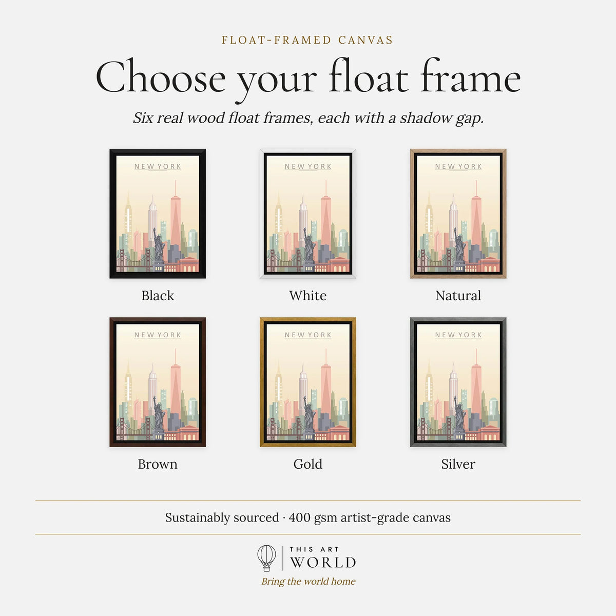 New York city skyline art print, float frame colour options for the framed canvas