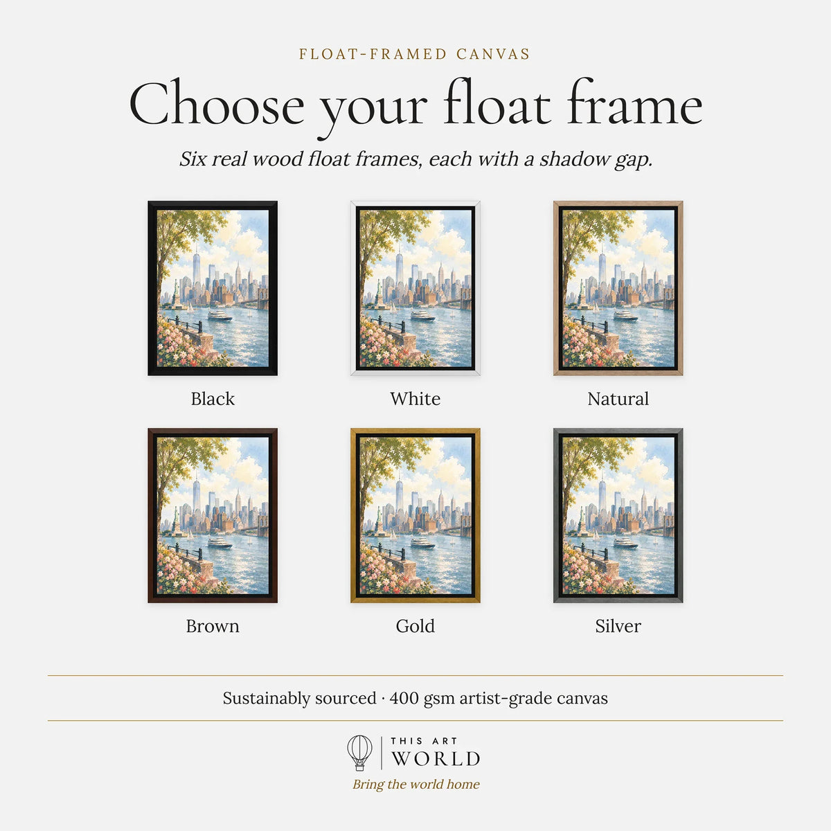New York Statue of Liberty and Manhattan skyline watercolour art print, float frame colour options for the framed canvas