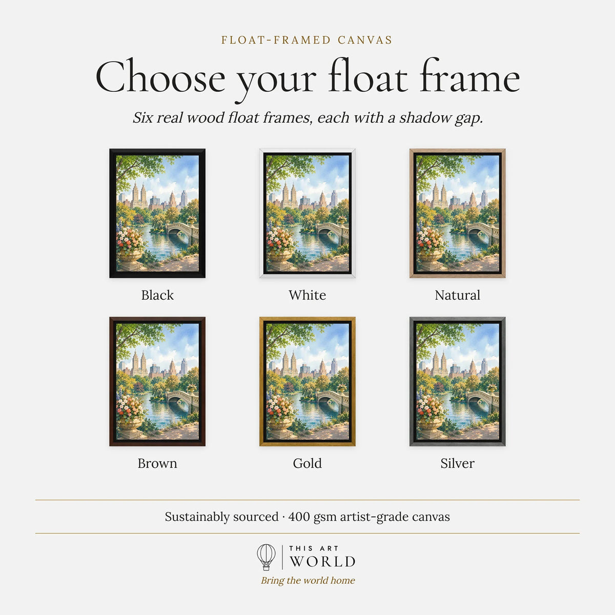 New York Central Park Bow Bridge watercolour art print, float frame colour options for the framed canvas