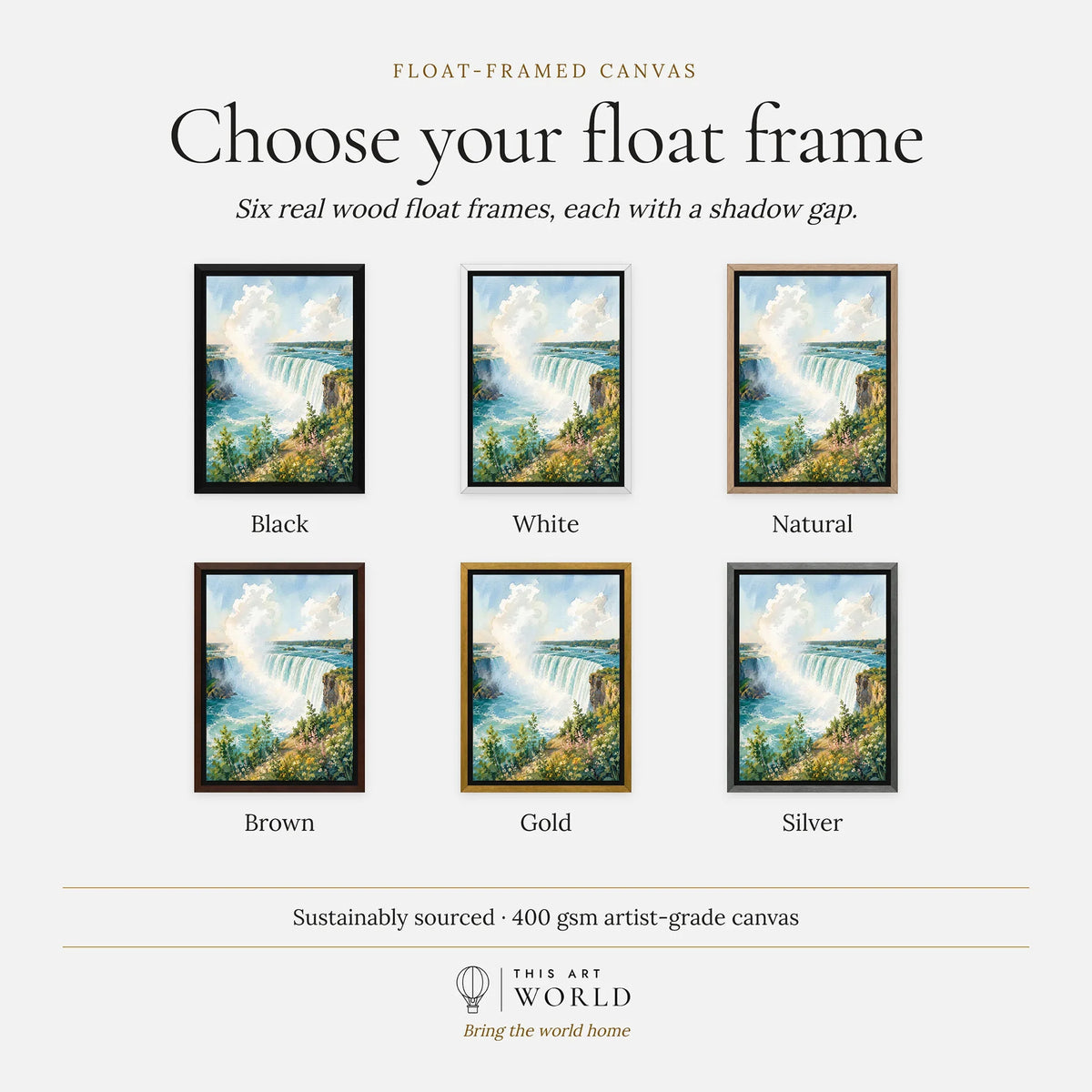 Niagara Falls State Park Horseshoe Falls watercolour art print, float frame colour options for the framed canvas