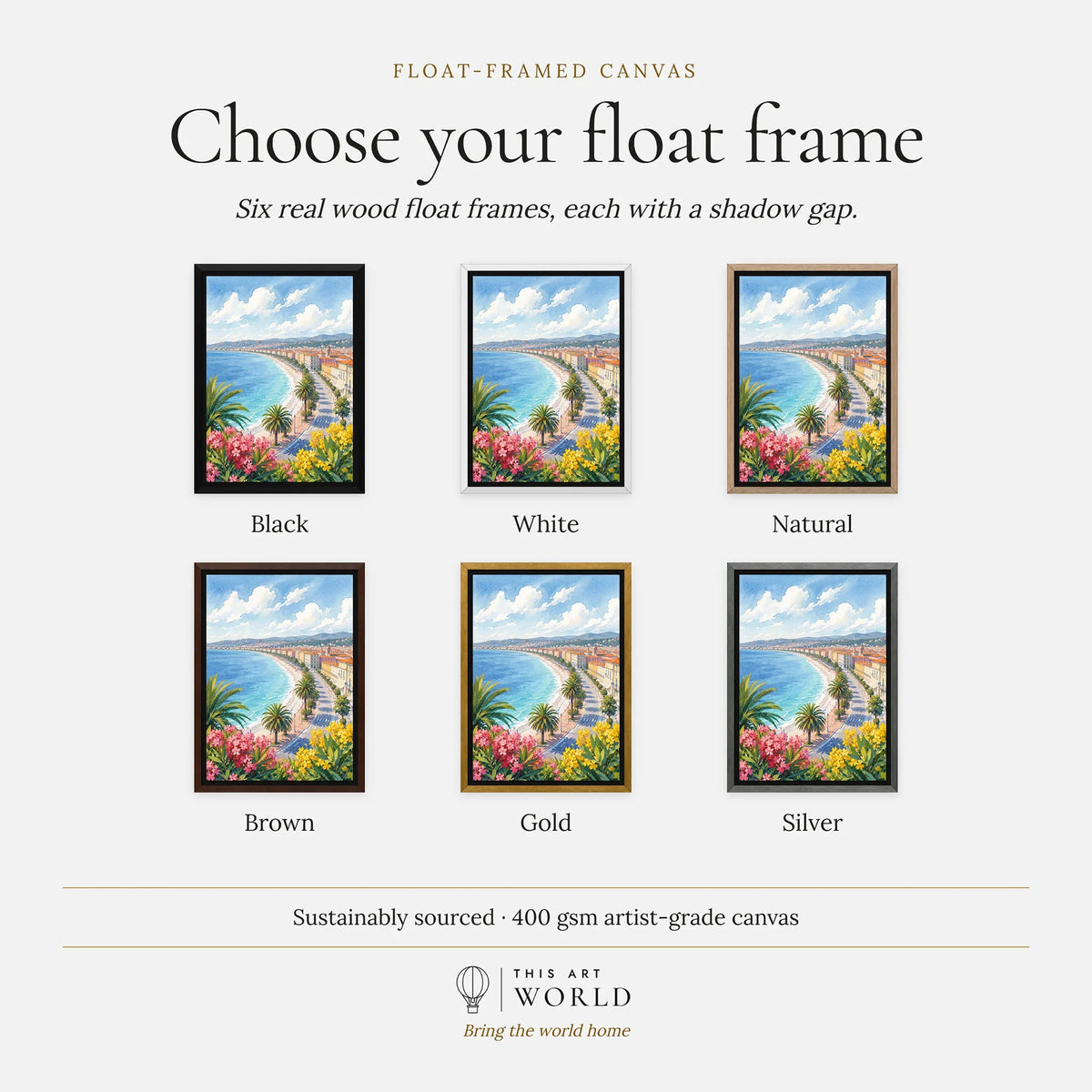 Nice Baie des Anges and promenade watercolour art print, float frame colour options for the framed canvas
