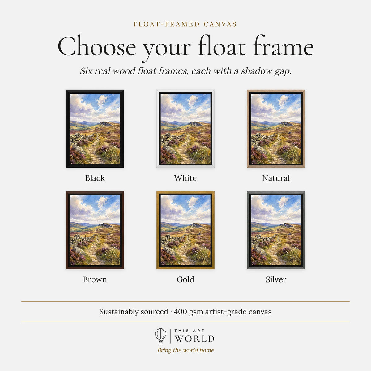 North Pennines moorland path and stone wall watercolour art print, float frame colour options for the framed canvas