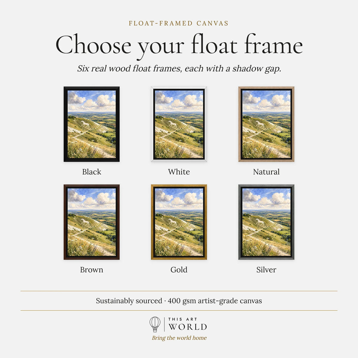 North Wessex Downs chalk white horse watercolour art print, float frame colour options for the framed canvas
