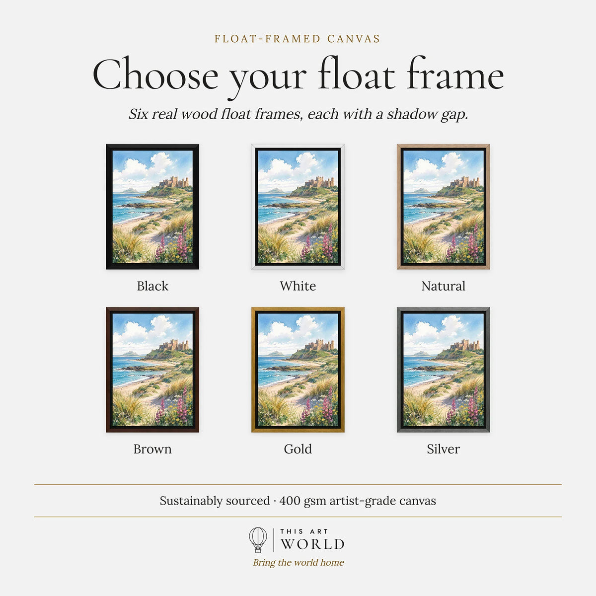 Northumberland Coast Bamburgh Castle and beach watercolour art print, float frame colour options for the framed canvas