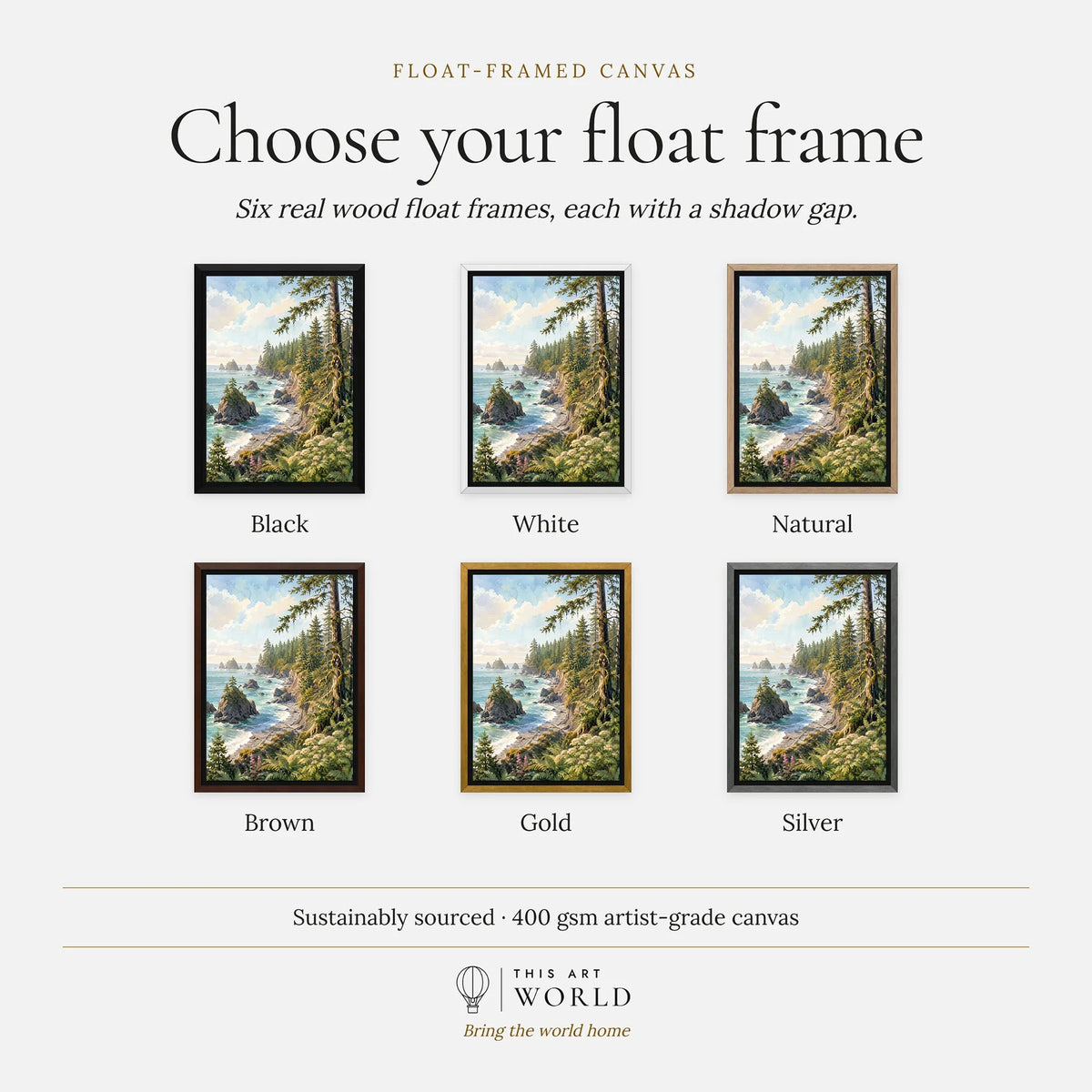 Olympic National Park rugged coast and sea stacks watercolour art print, float frame colour options for the framed canvas
