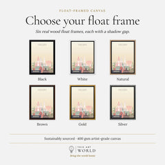 Oxford city skyline art print, float frame colour options for the framed canvas