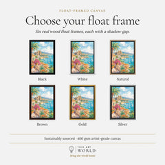 Palma La Seu cathedral and bay watercolour art print, float frame colour options for the framed canvas