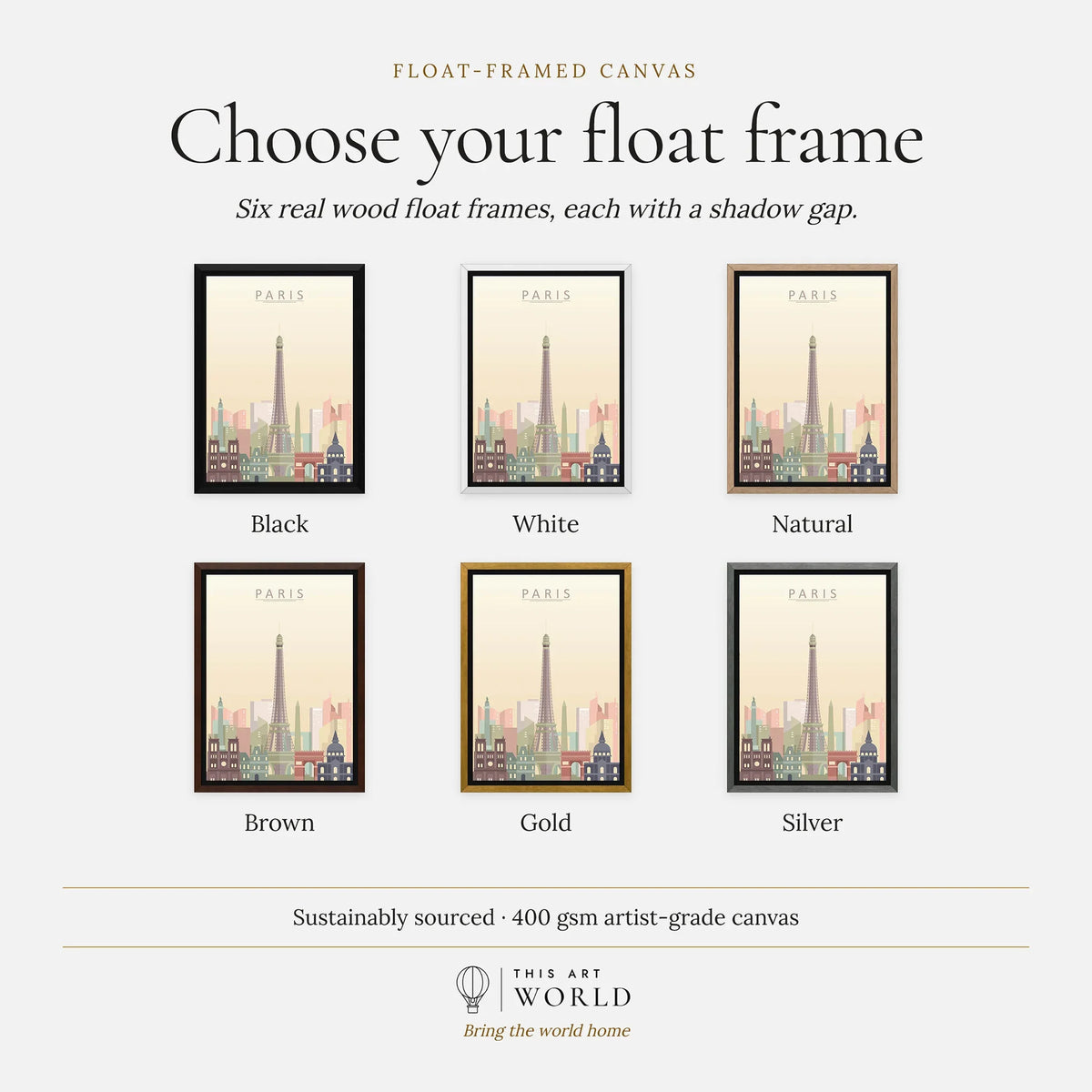 Paris city skyline art print, float frame colour options for the framed canvas