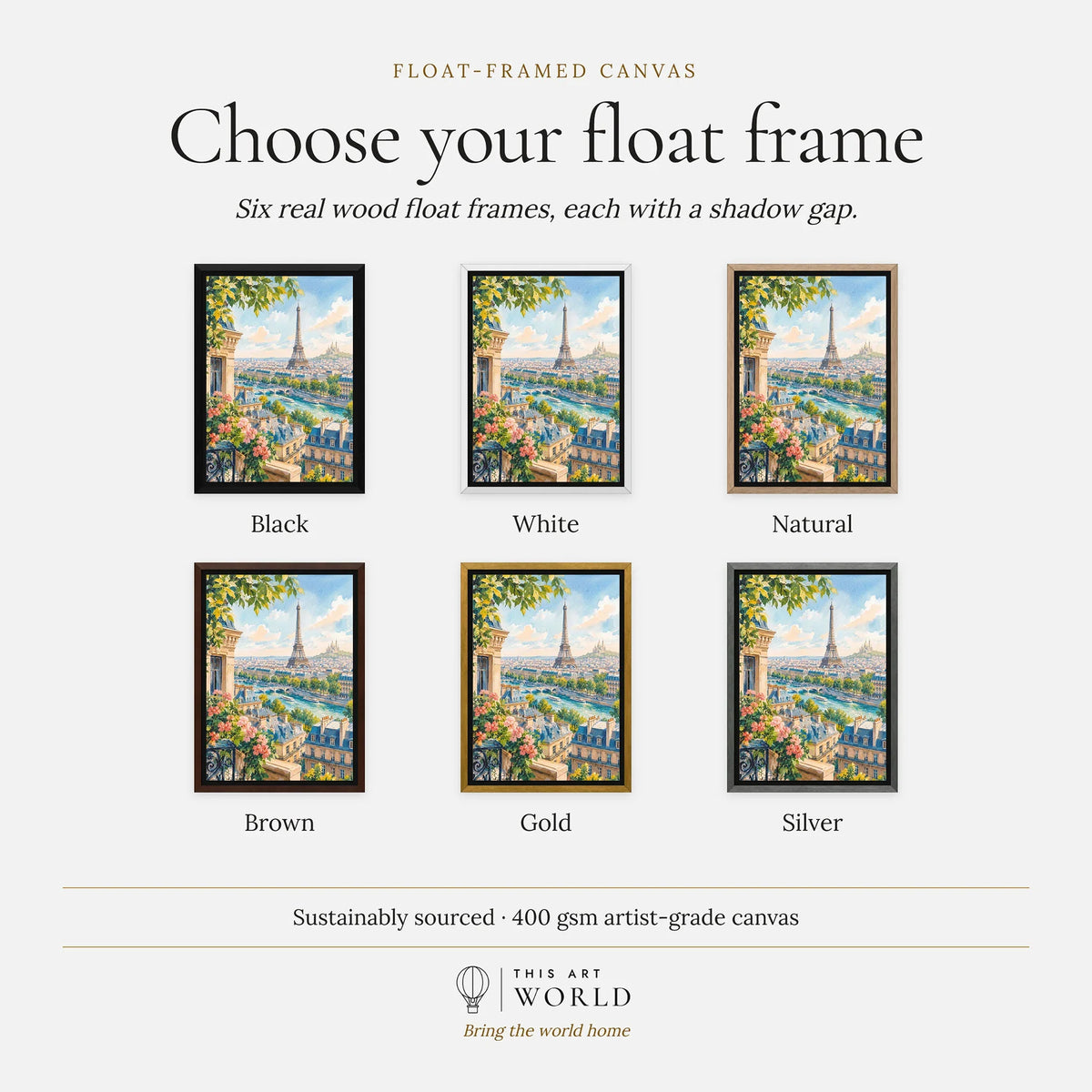 Paris Eiffel Tower and the Seine watercolour art print, float frame colour options for the framed canvas