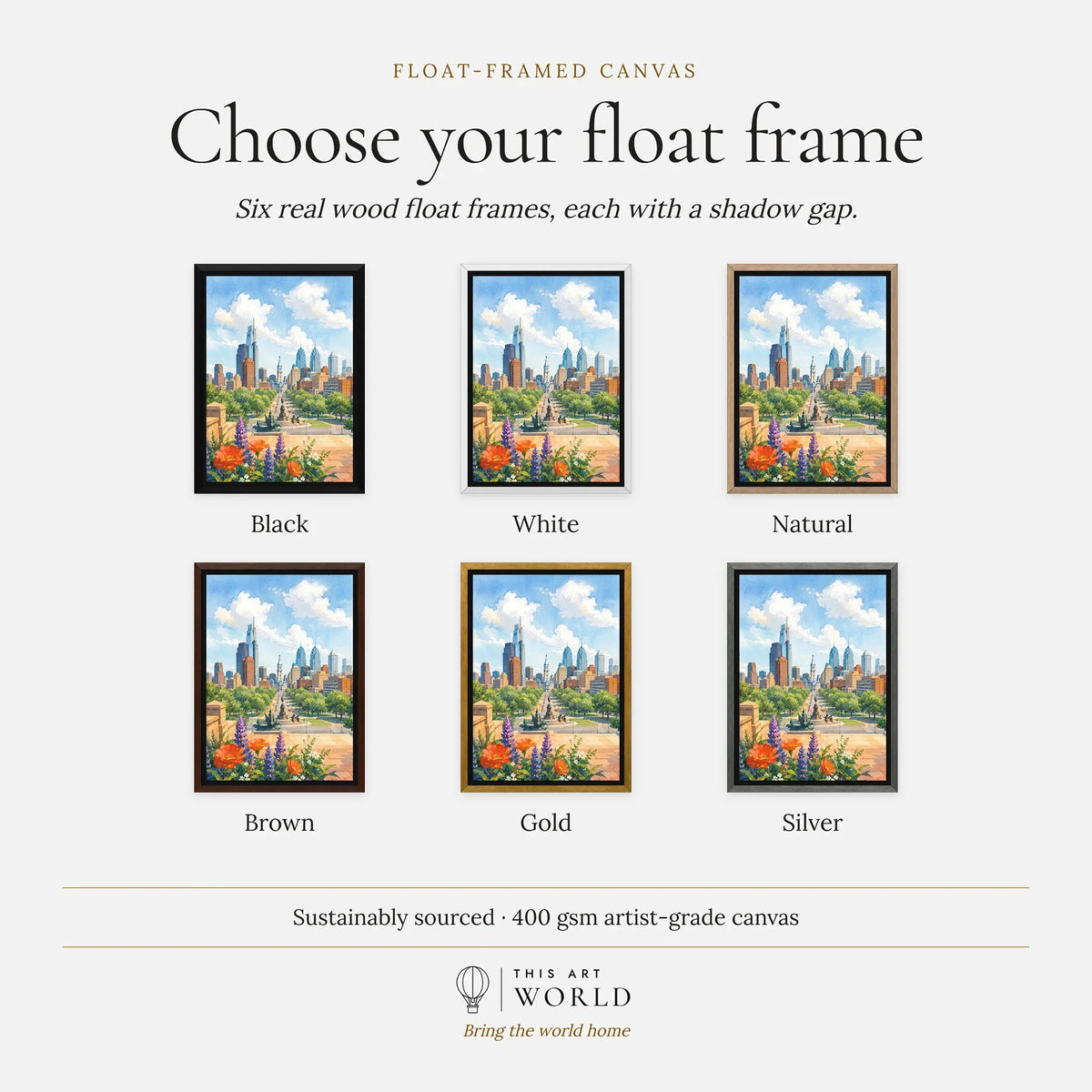 Philadelphia skyline and Ben Franklin Parkway watercolour art print, float frame colour options for the framed canvas