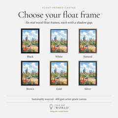 Philadelphia skyline and Ben Franklin Parkway watercolour art print, float frame colour options for the framed canvas